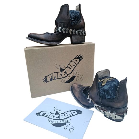 Distressed Ankle Bootie FreeBird Steven Blade Size 8 Black Brown Leather Buckle - Picture 12 of 16